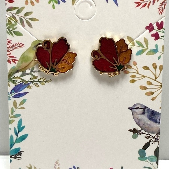 Cloisonné Earrings Flower Gold Tone Red Yellow Vintage - Picture 8 of 11